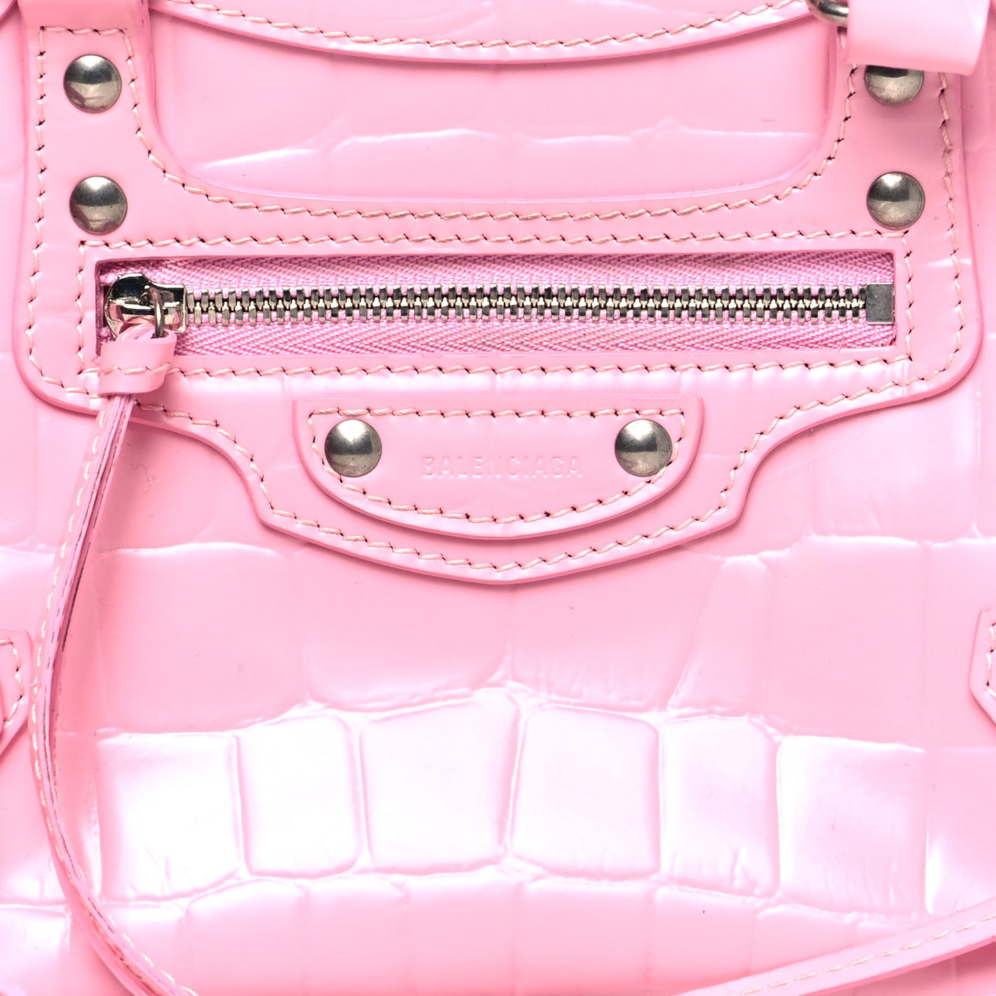 Semi Shiny Calfskin Crocodile Embossed Neo Classic Silver Hardware Mini City Pink