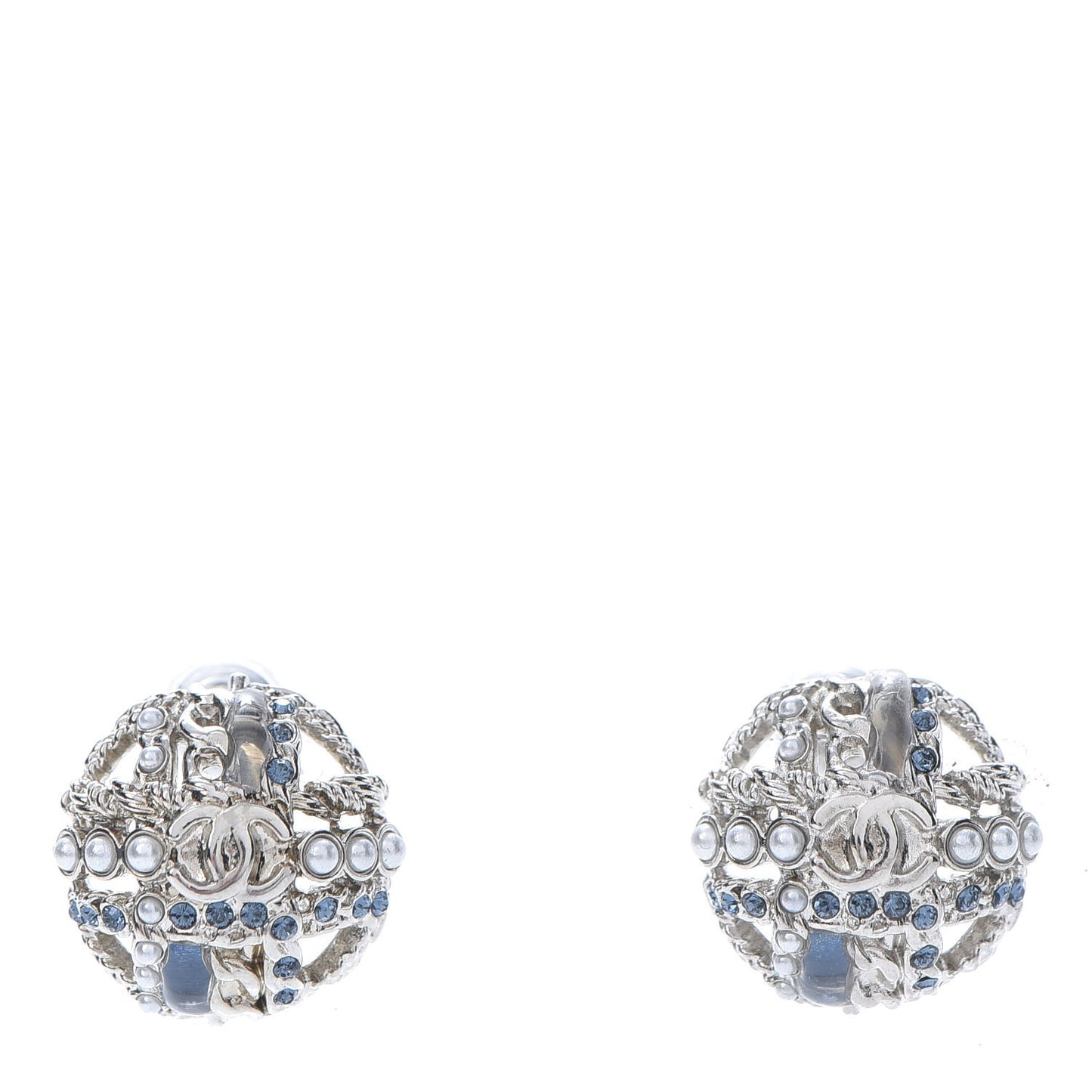 Pearl CC Round Earrings Silver Blue