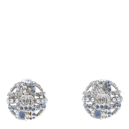 Chanel Pearl CC Round Earrings Silver Blue 1 of 5