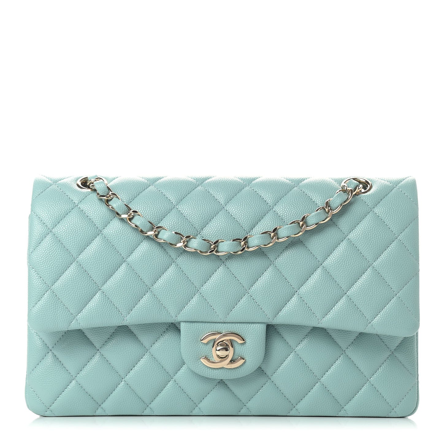Caviar Quilted Medium Double Flap Light Blue