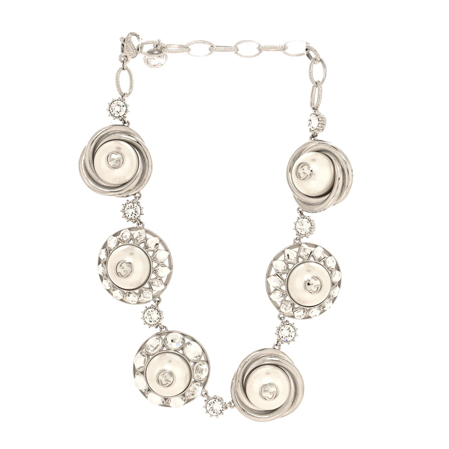 Pearl Strass Resin Embellished Double G Necklace Silver