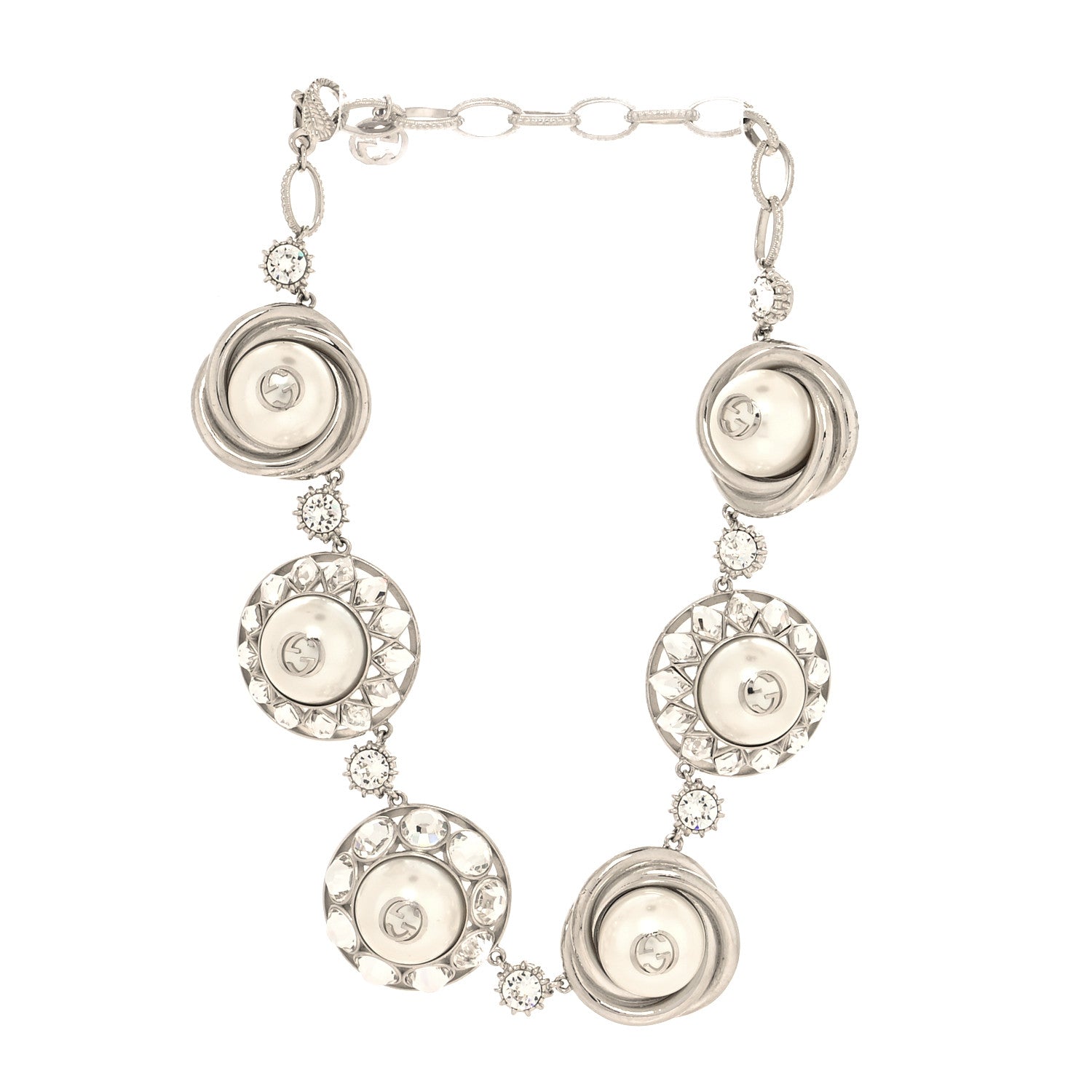 Gucci Pearl Strass Resin Embellished Double G Necklace Silver 3 of 5