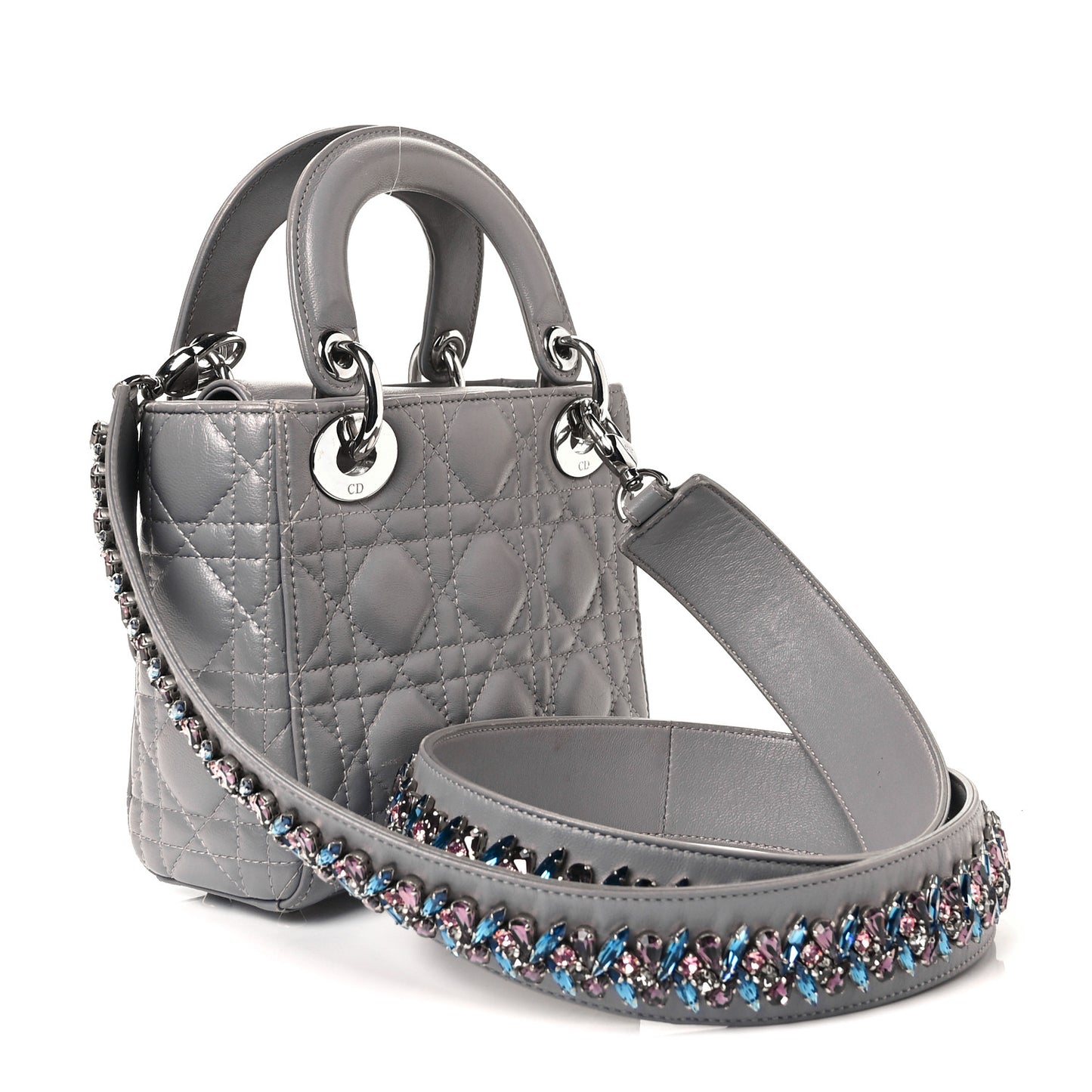 Lambskin Cannage Mini Lady Dior Crystal Strap Grey