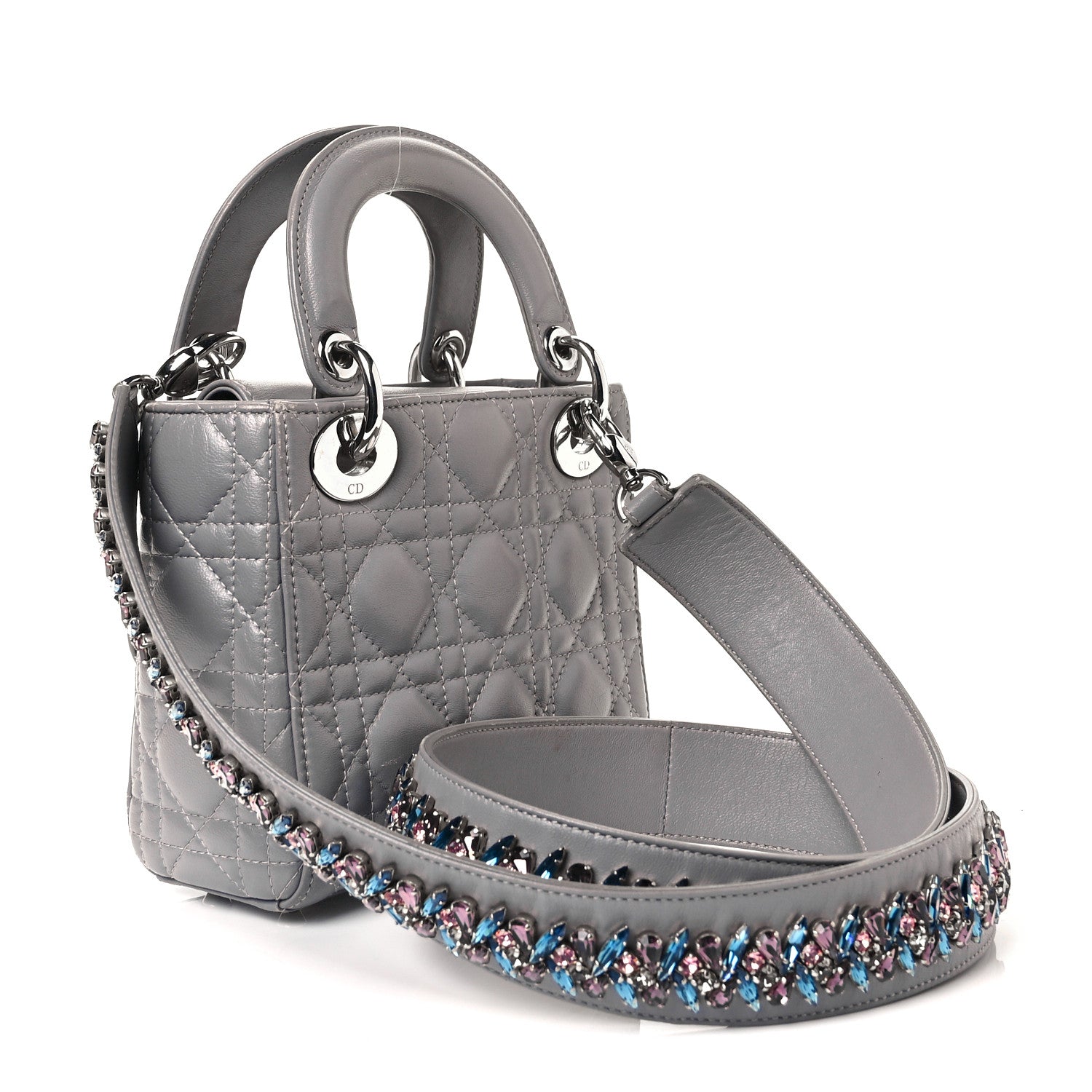 Christian Dior Lambskin Cannage Mini Lady Dior Crystal Strap Grey 2 of 8