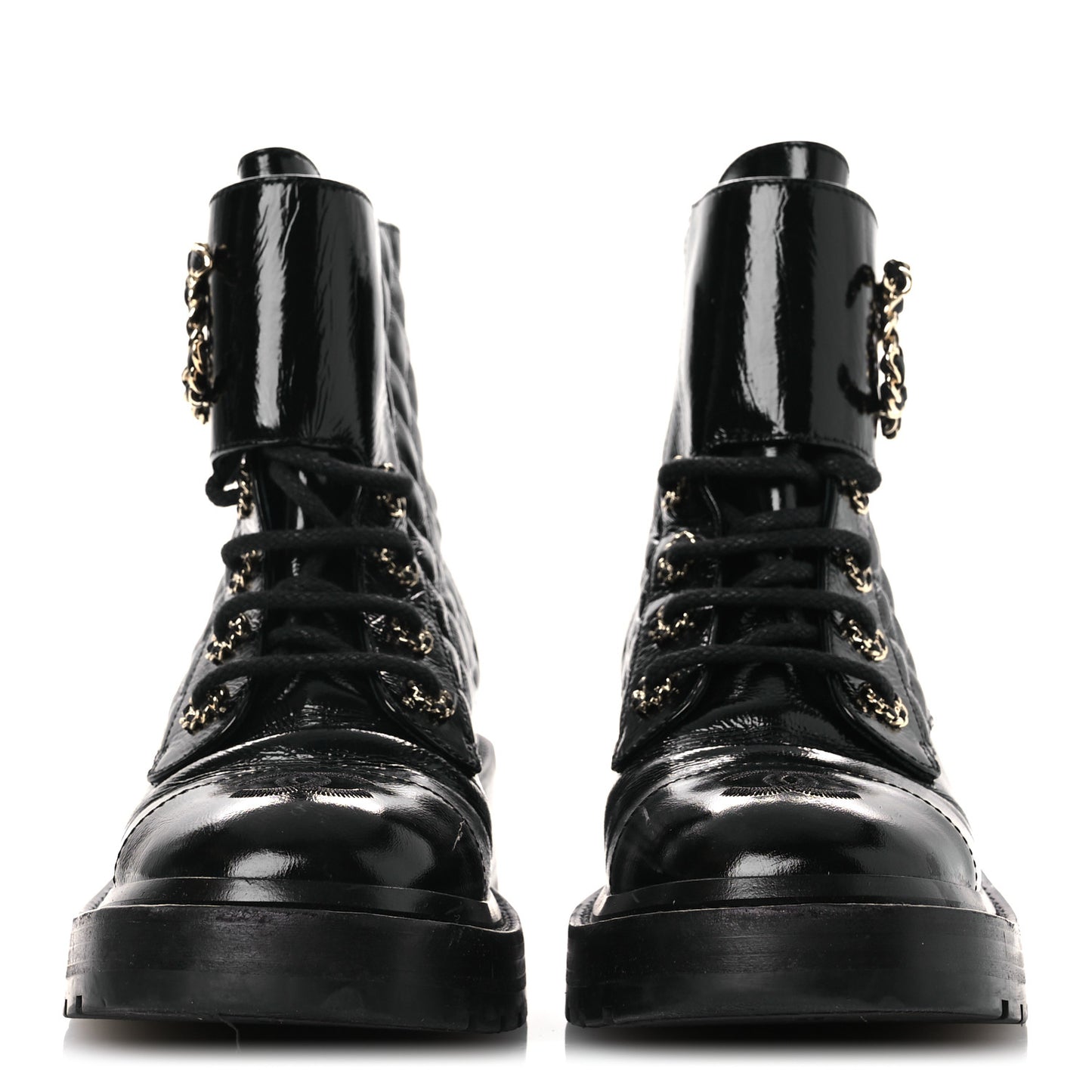 Shiny Calfskin Quilted Lace Up Combat Boots 37 Black