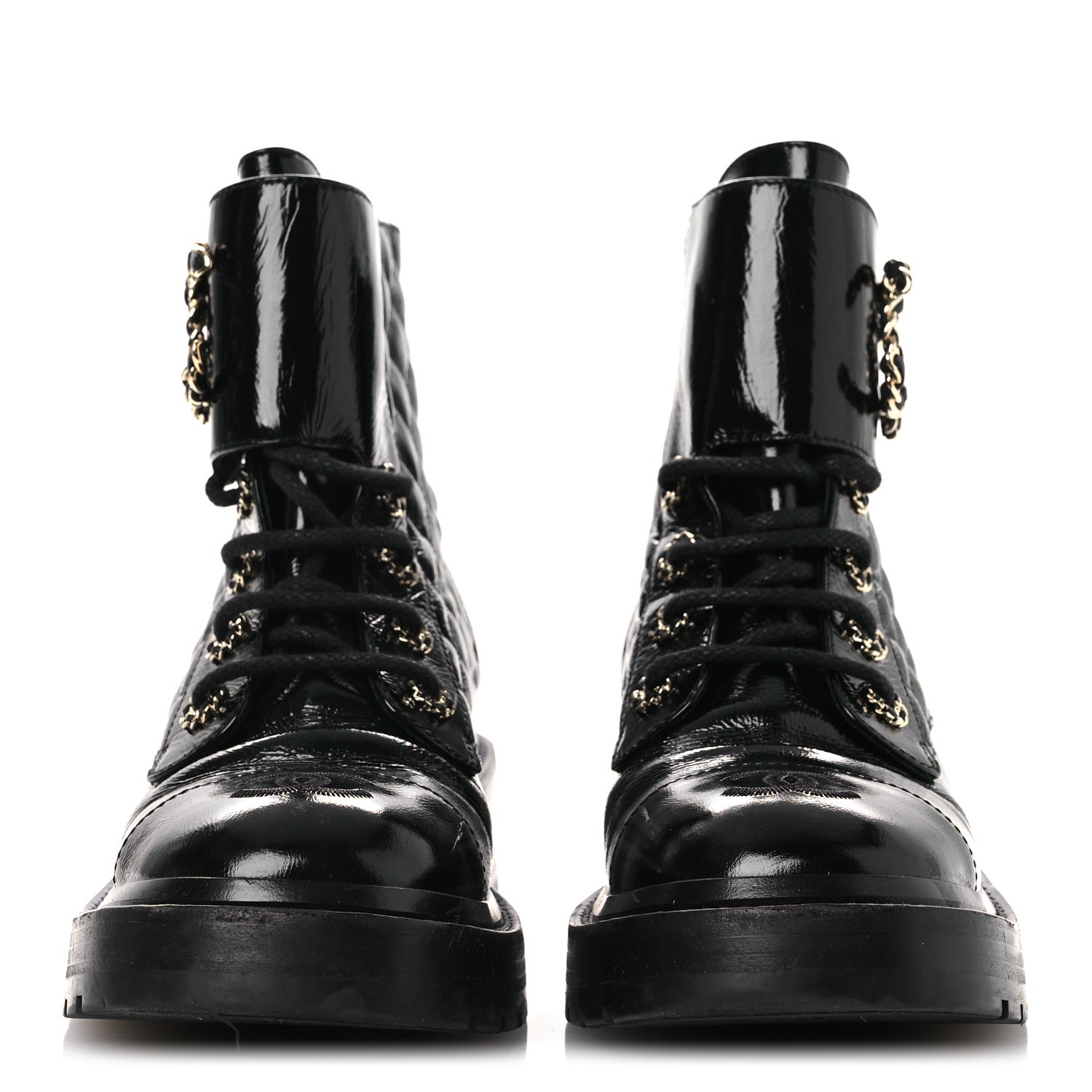 Chanel Shiny Calfskin Quilted Lace Up Combat Boots 37 Black 5 of 28