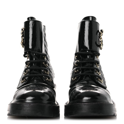 Chanel Shiny Calfskin Quilted Lace Up Combat Boots 37 Black 5 of 28