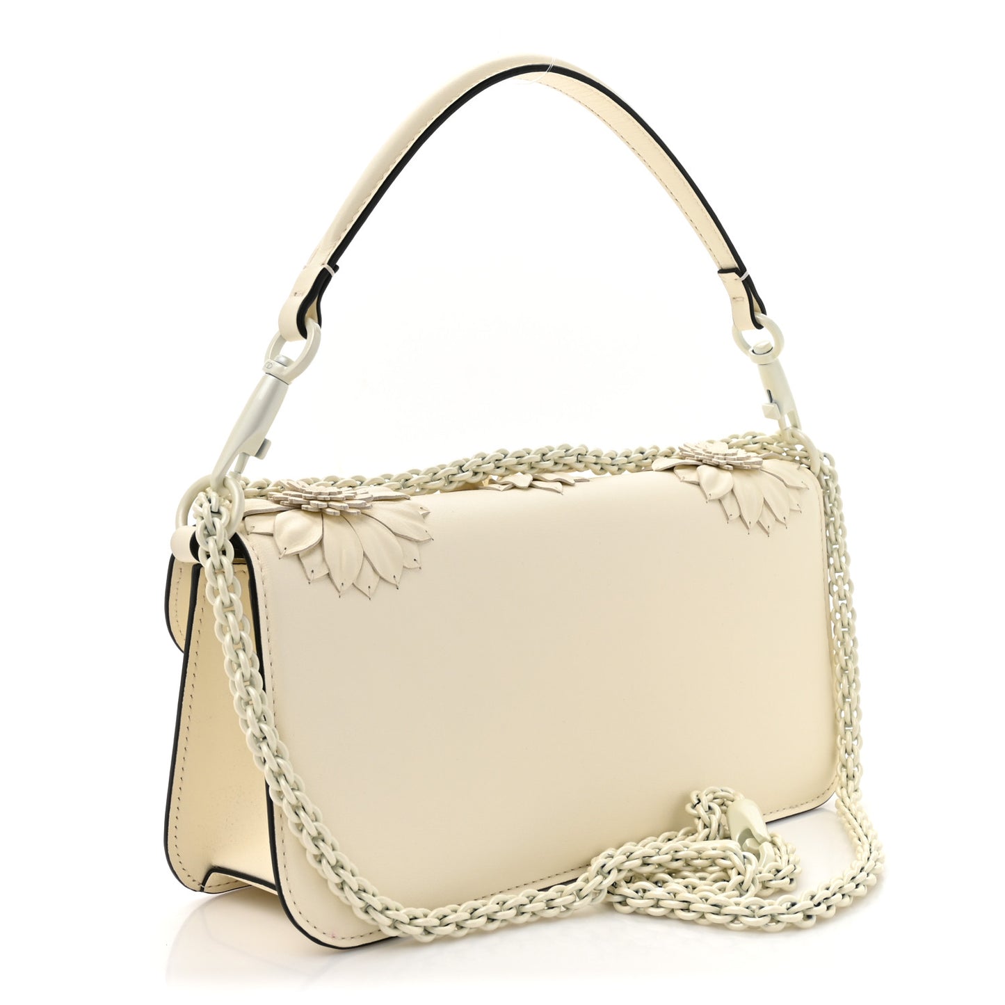 Calfskin Floral Embellished Monochrome Vlogo Loco Shoulder Bag White