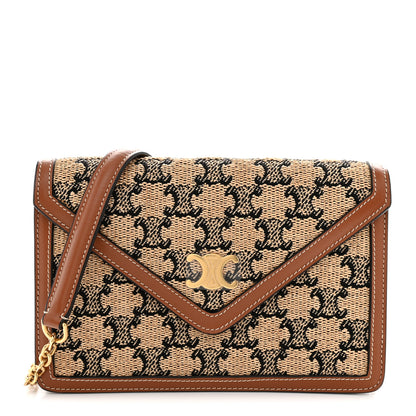 Celine Raffia Jacquard Calfskin Triomphe Wallet on Chain Natural Tan 1 of 11
