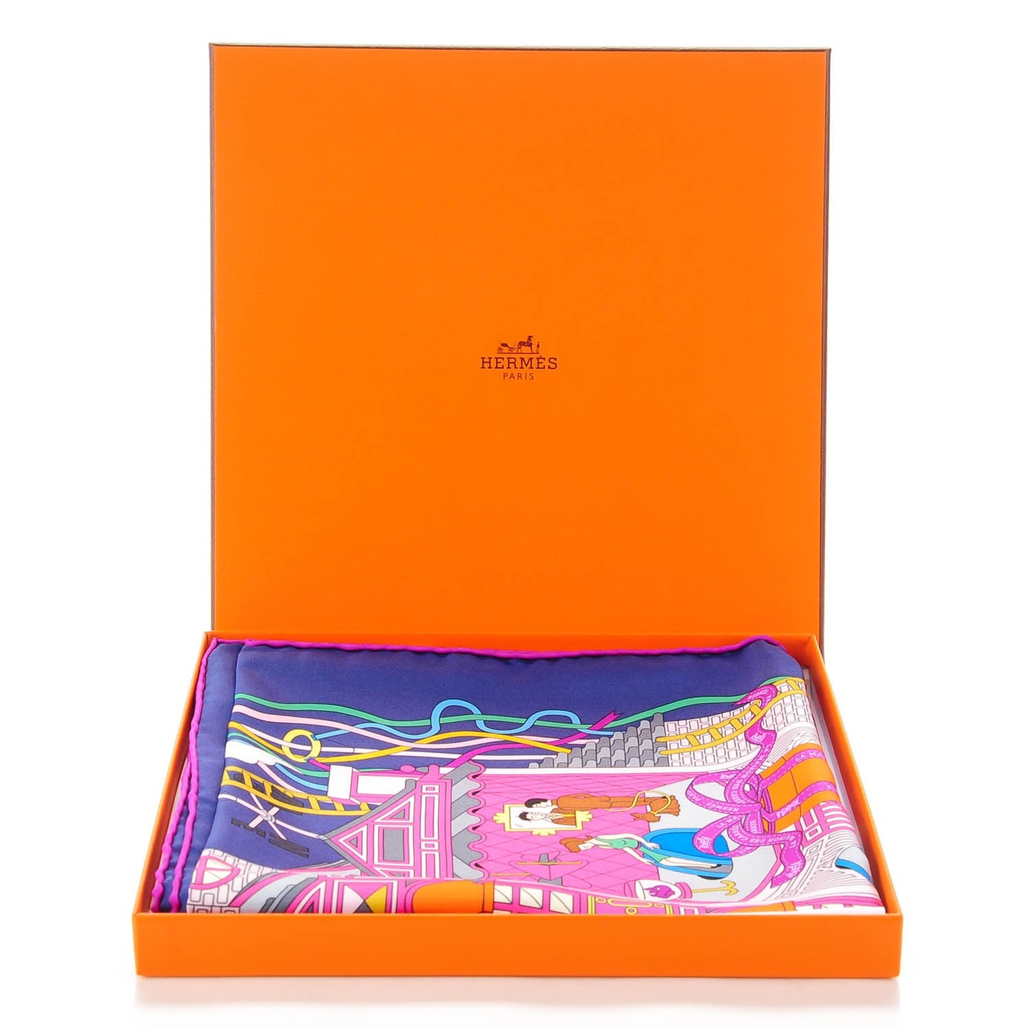 Hermes Silk La Maizeon Des Carres 90 Scarf Bleu Azur Marine Rose Indien 5 of 8