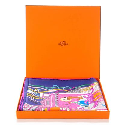 Hermes Silk La Maizeon Des Carres 90 Scarf Bleu Azur Marine Rose Indien 5 of 8