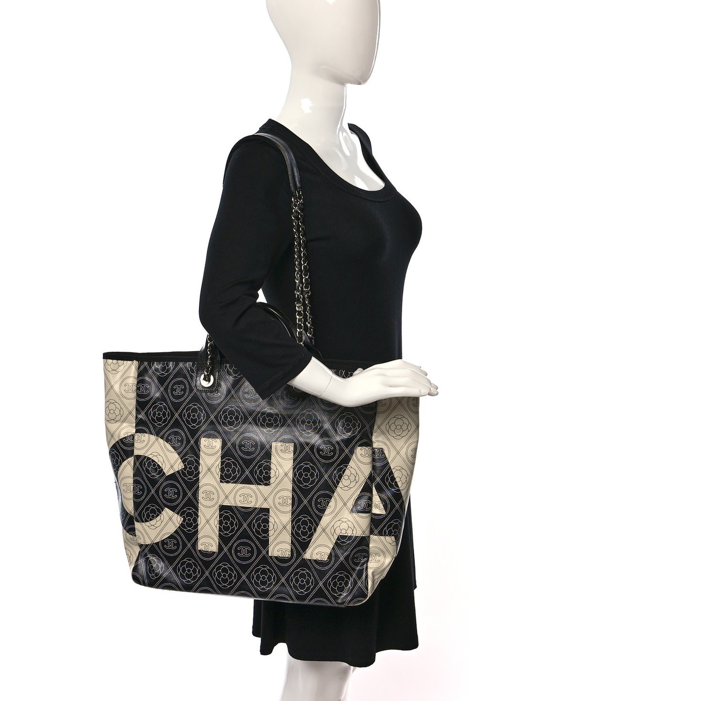 Coated Canvas Camellia Medium Shopping Tote Black Beige