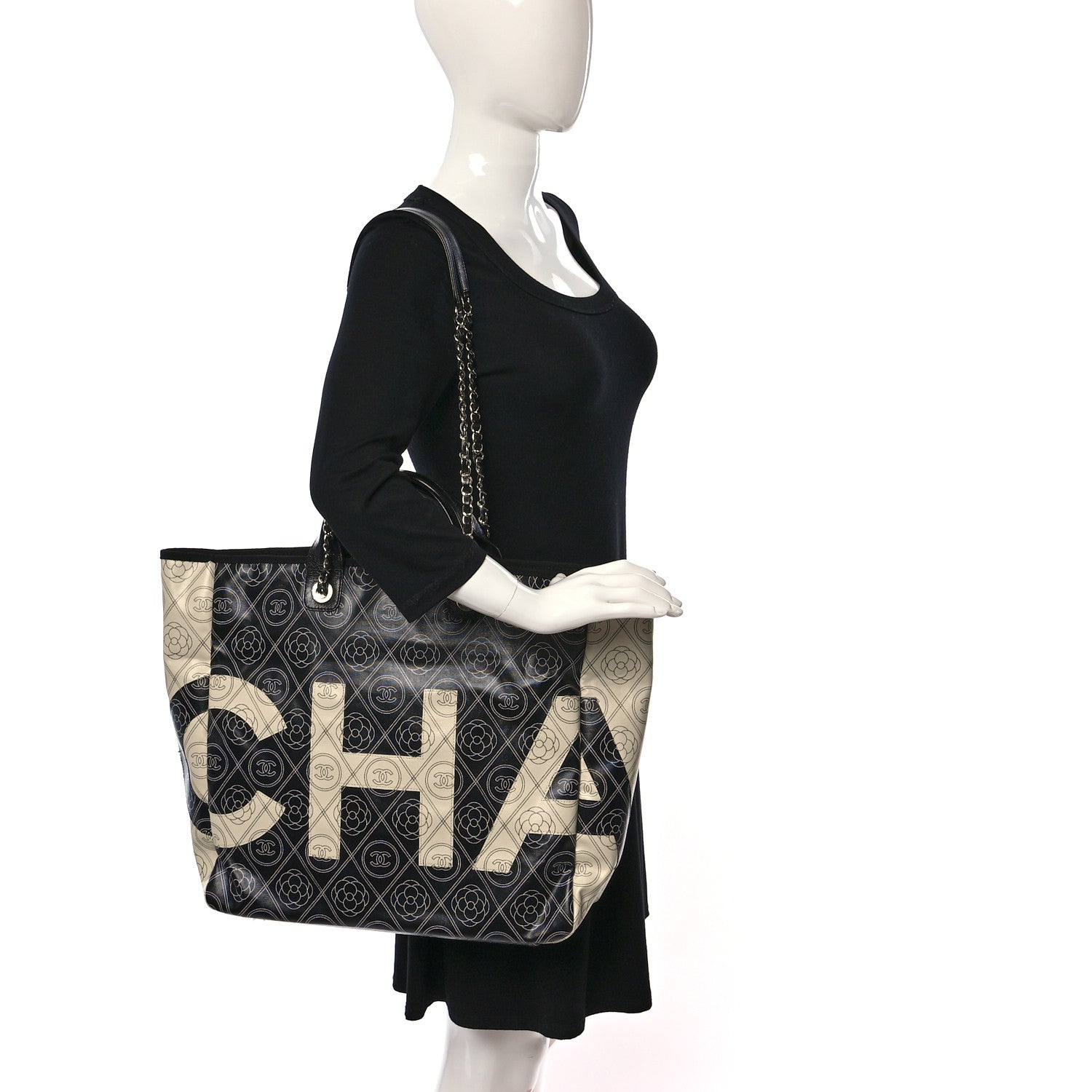 Chanel Coated Canvas Camellia Medium Shopping Tote Black Beige 2 of 8