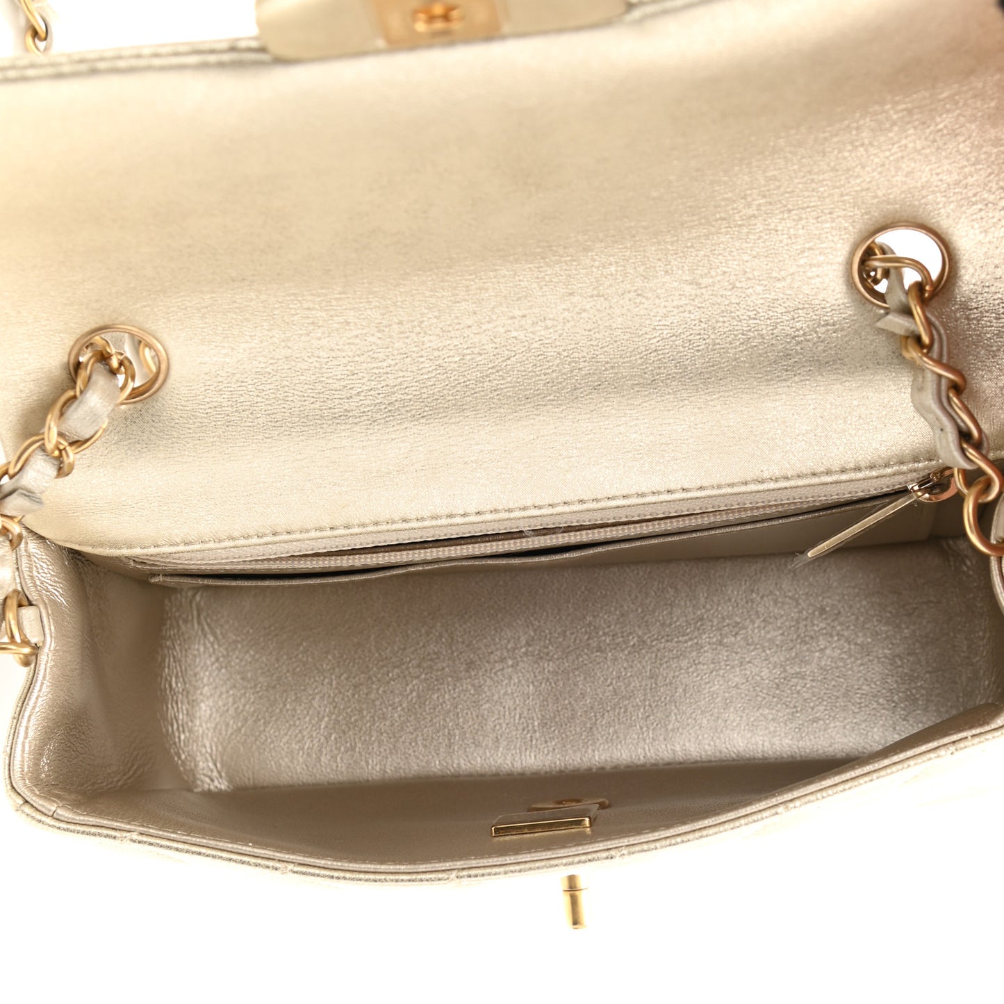 Metallic Lambskin Quilted Mini Rectangular Flap Gold