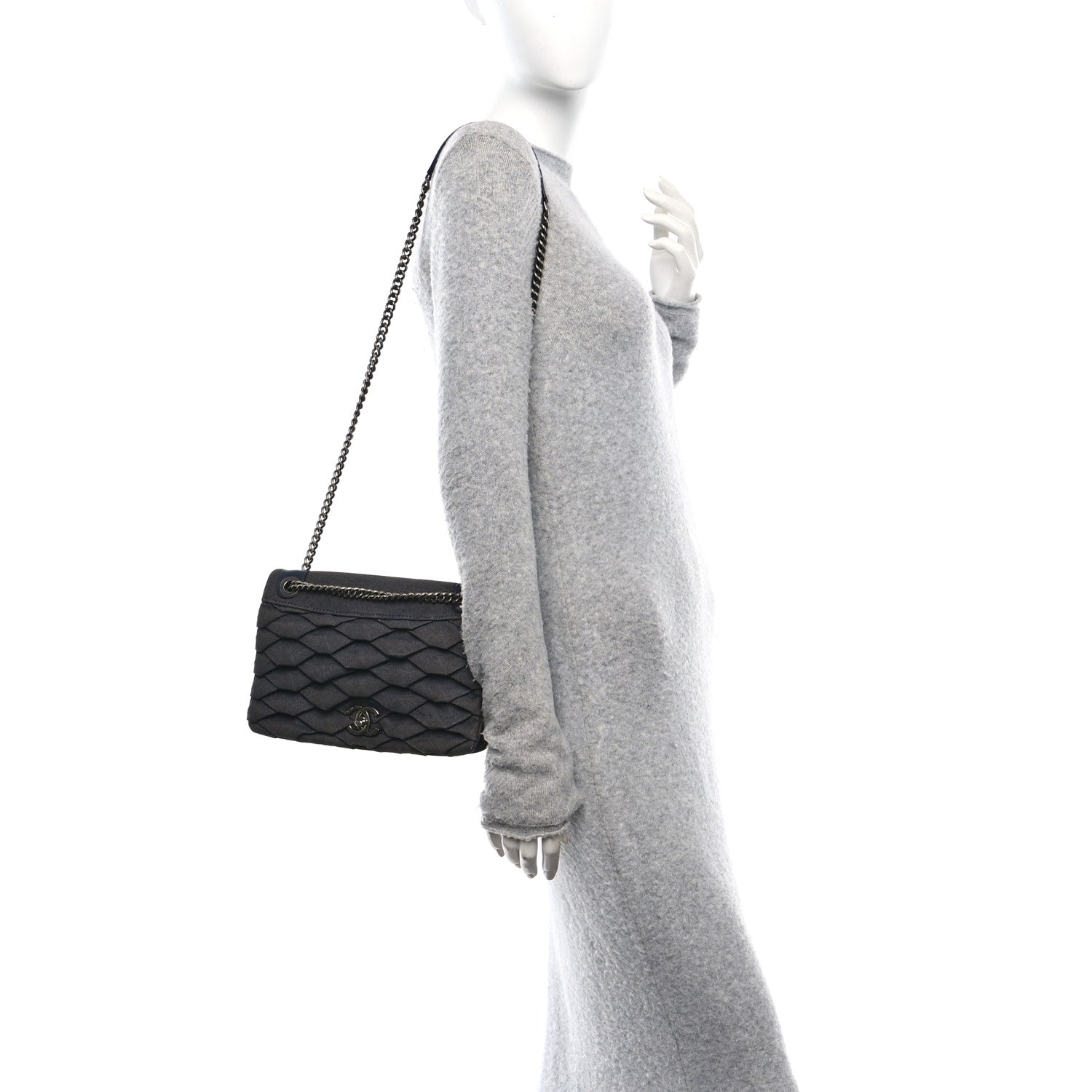 Chanel Denim Pleated Denim Turtle Flap Dark Blue 2 of 11