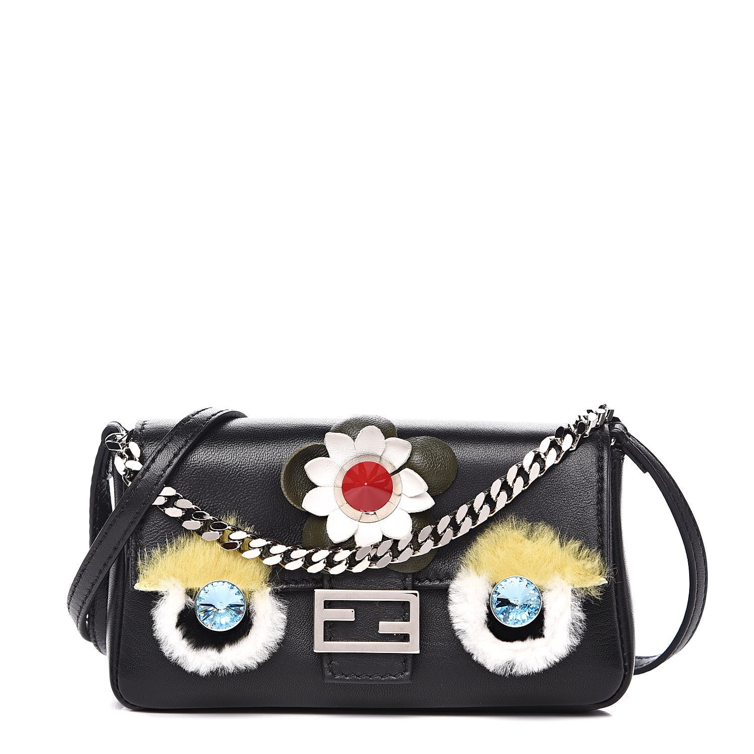 Fendi Shiny Nappa Rabbit Fur Crystal Flowerland Micro Buggie Baguette Black Mojito Multicolor 1 of 11