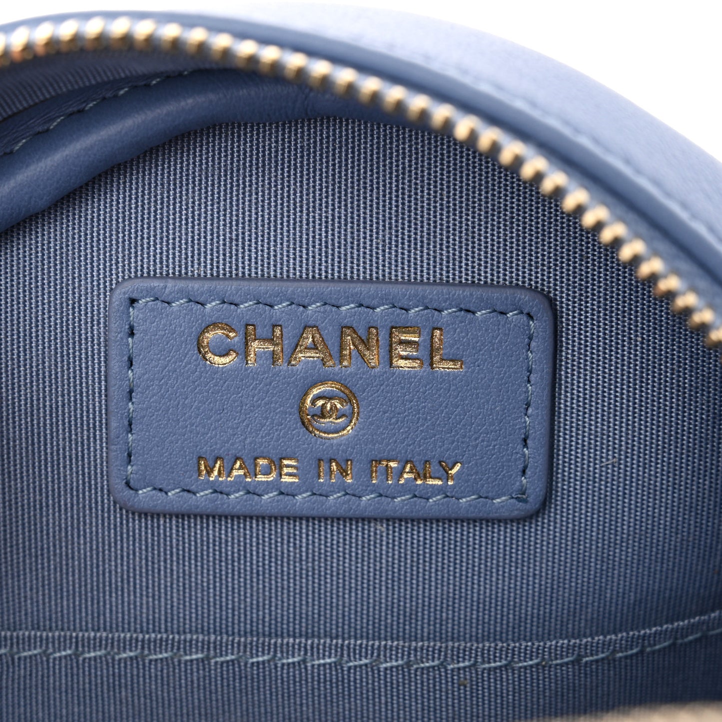 Sequin Chanel 19 Round Clutch With Chain Light Blue