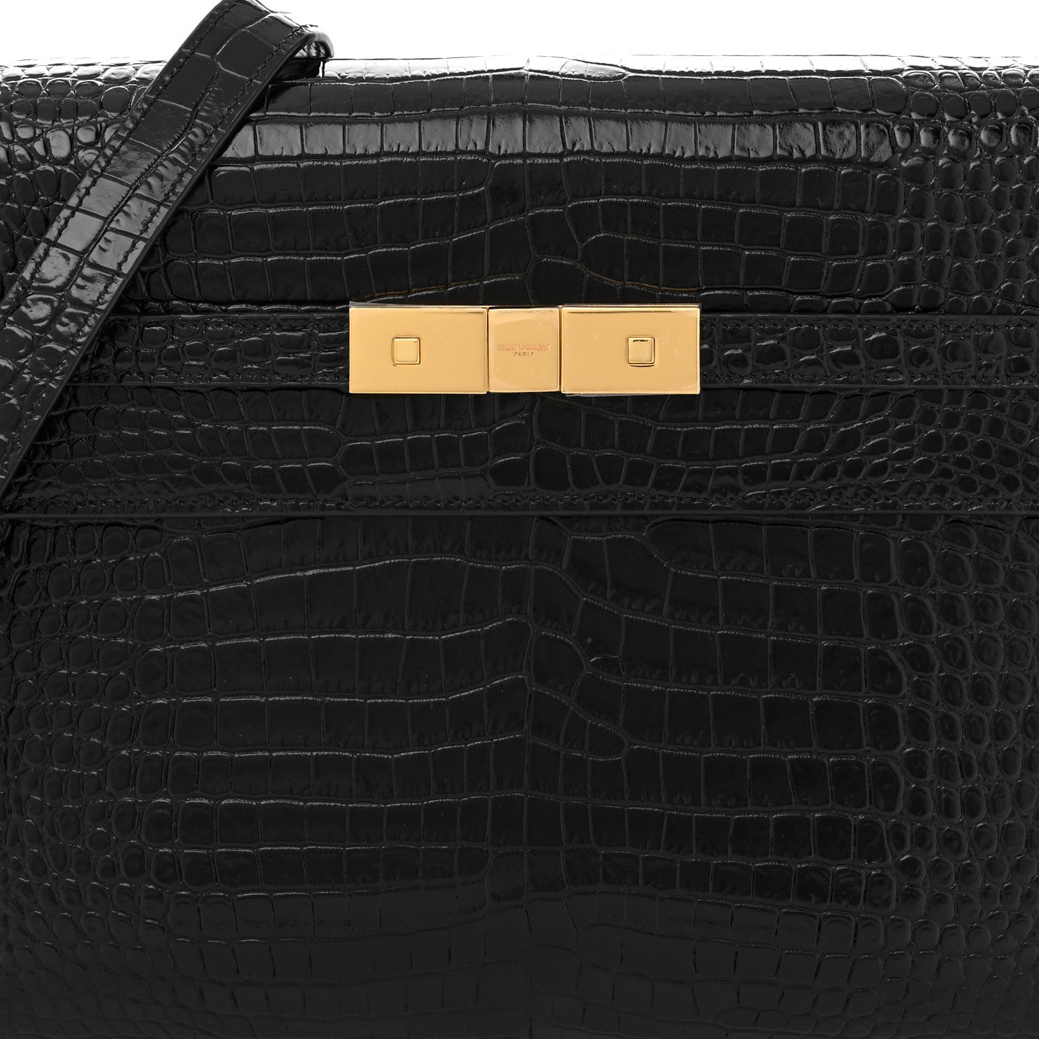 Saint Laurent Shiny Calfskin Crocodile Embossed Manhattan Baguette Black 7 of 9