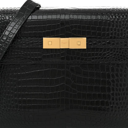 Saint Laurent Shiny Calfskin Crocodile Embossed Manhattan Baguette Black 7 of 9
