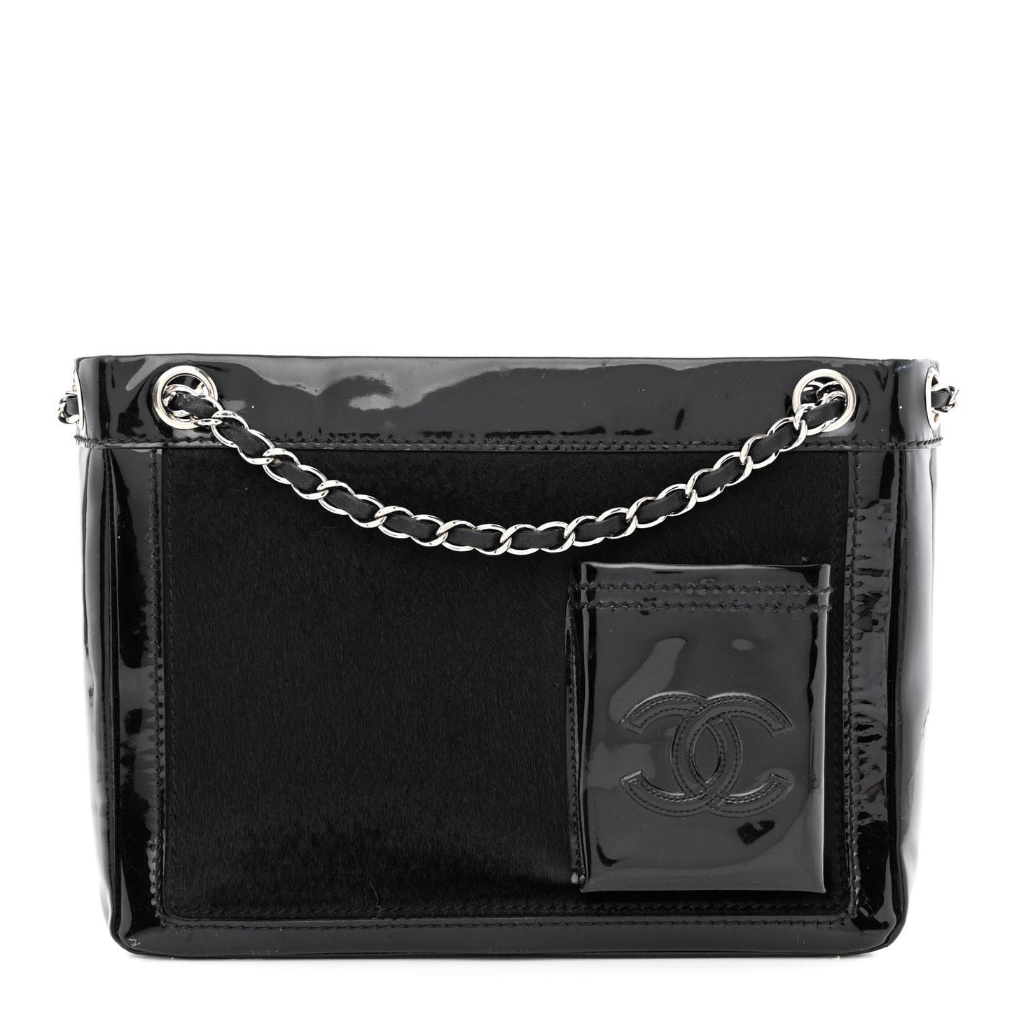Patent Pony Hair Small Pocket Tote Black