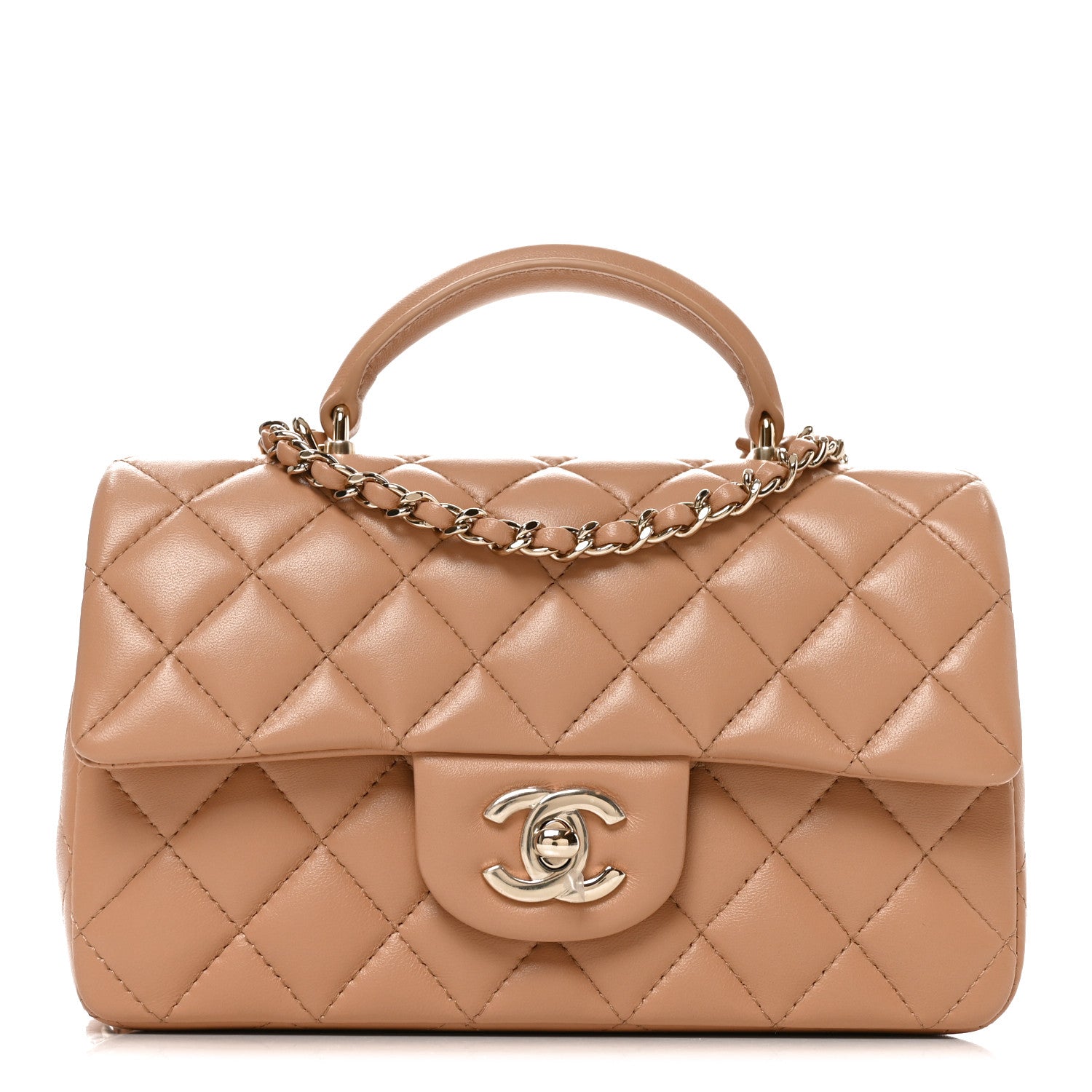 Chanel Lambskin Quilted Mini Top Handle Rectangular Flap Dark Beige 2 of 21