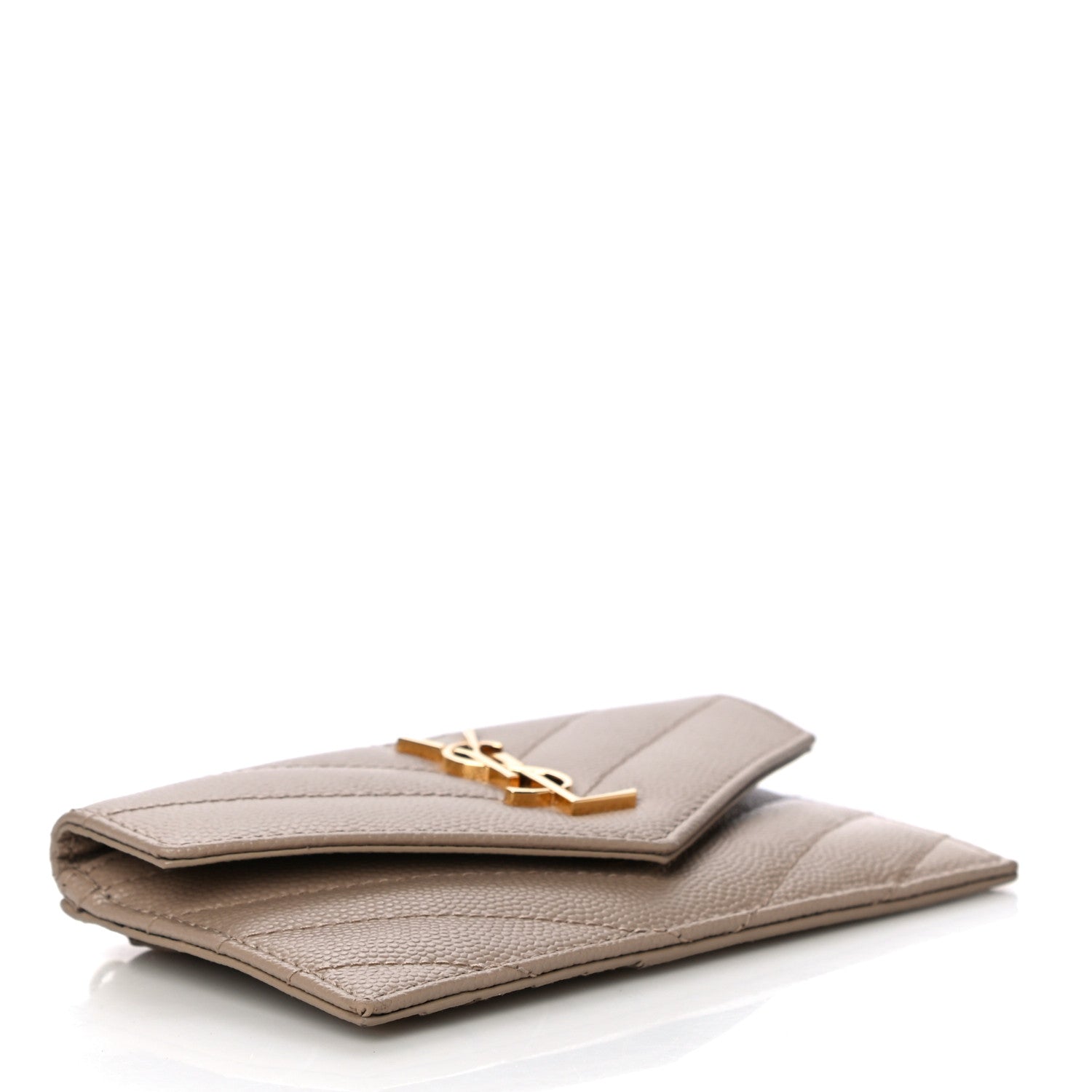 Saint Laurent Grain De Poudre Matelasse Chevron Monogram Compact Wallet Case Dark Beige 4 of 9