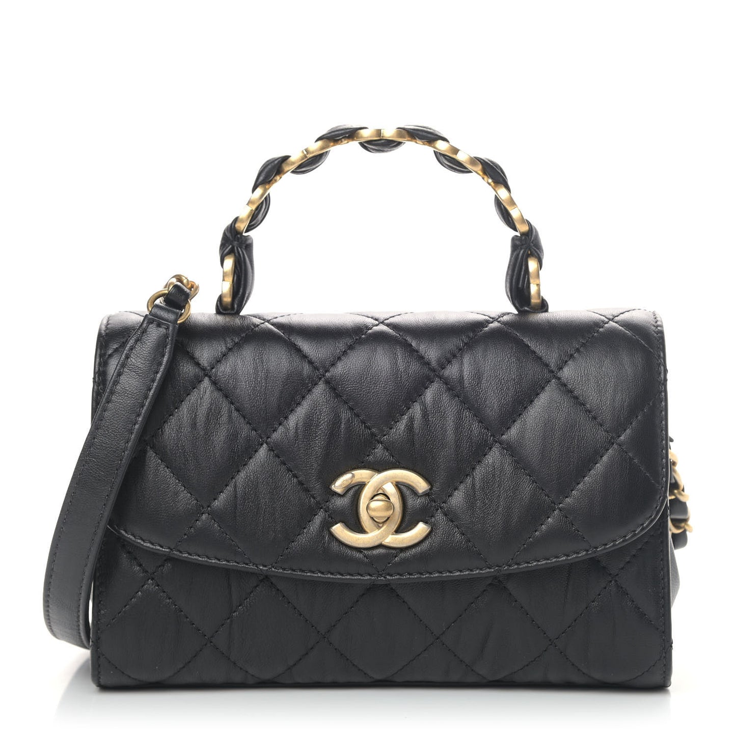 Crumpled Lambskin Quilted Mini CC Links Top Handle Flap Black