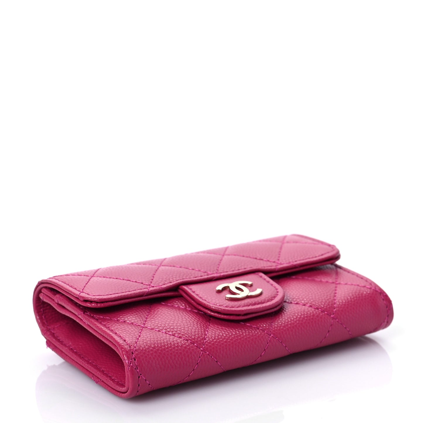 Caviar Quilted Flap Card Holder Wallet Dark Pink