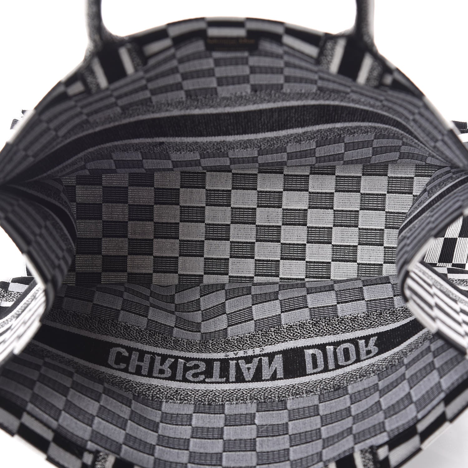 Christian Dior Canvas Embroidered Checkered Book Tote Black White 5 of 13