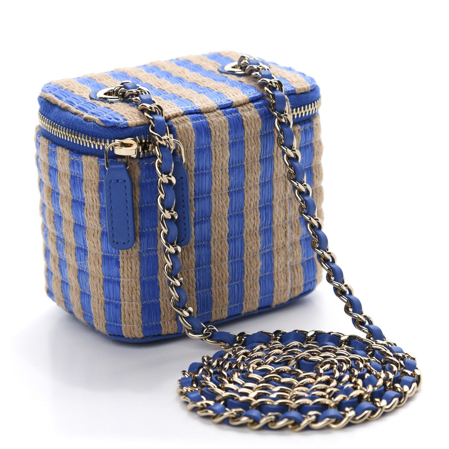 Raffia Jute Striped Mini Vanity Case With Chain Blue Beige