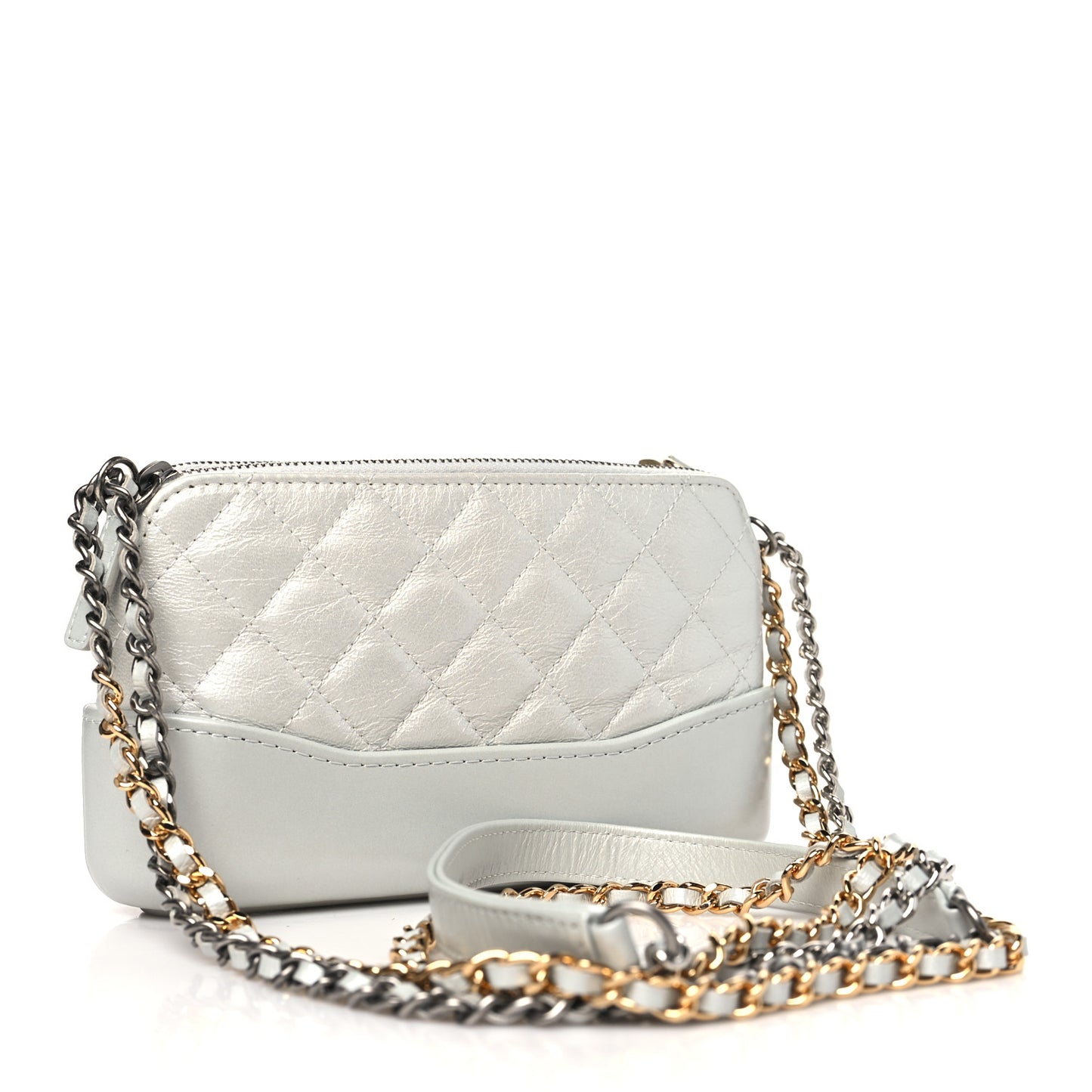 Metallic Lambskin Calfskin Quilted Small Gabrielle Clutch With Chain Silver