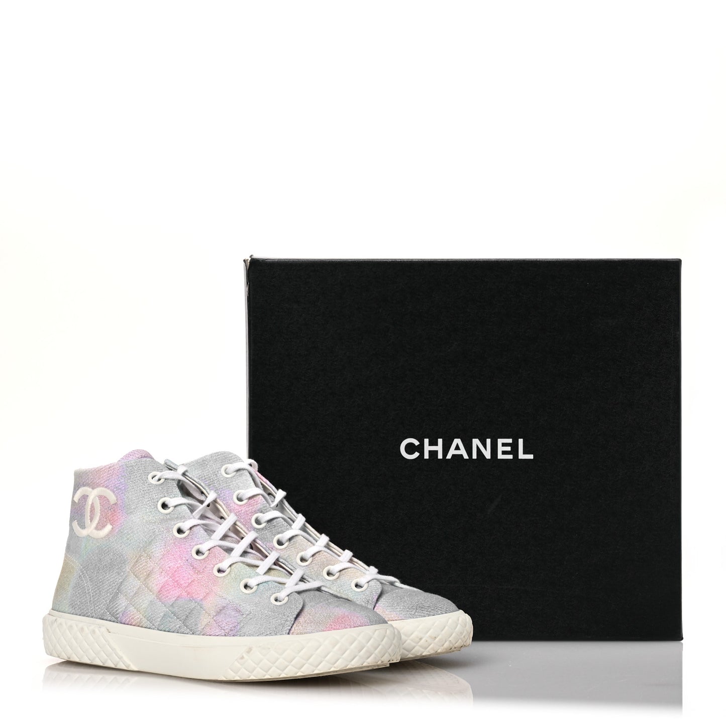 Printed Fabric Quilted High Top Sneakers 38.5 Green Pink Blue White