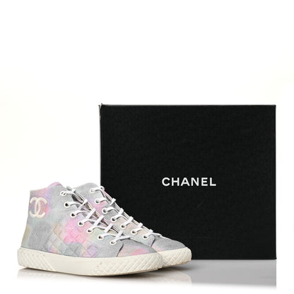 Chanel Printed Fabric Quilted High Top Sneakers 38.5 Green Pink Blue White 16 of 16