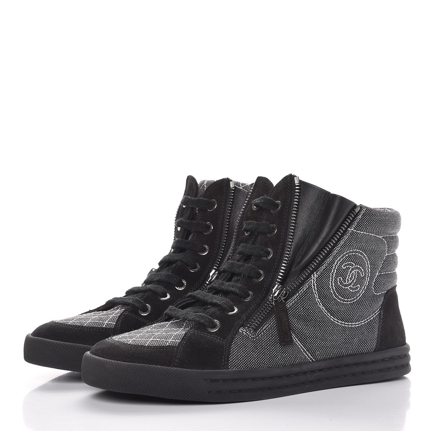 Toile Suede Calfskin CC High Top Sneakers 37.5 Dark Grey