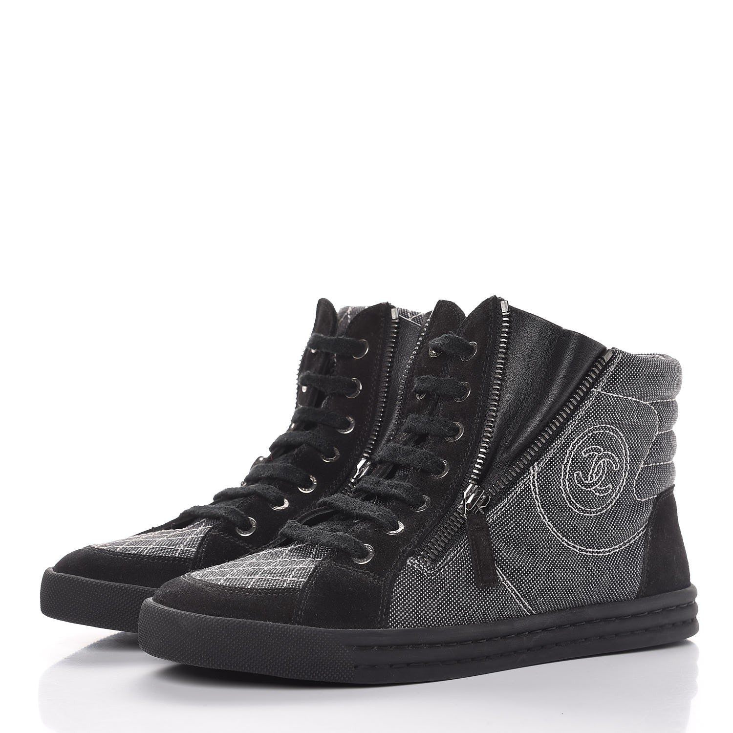 Chanel Toile Suede Calfskin CC High Top Sneakers 37.5 Dark Grey 3 of 10