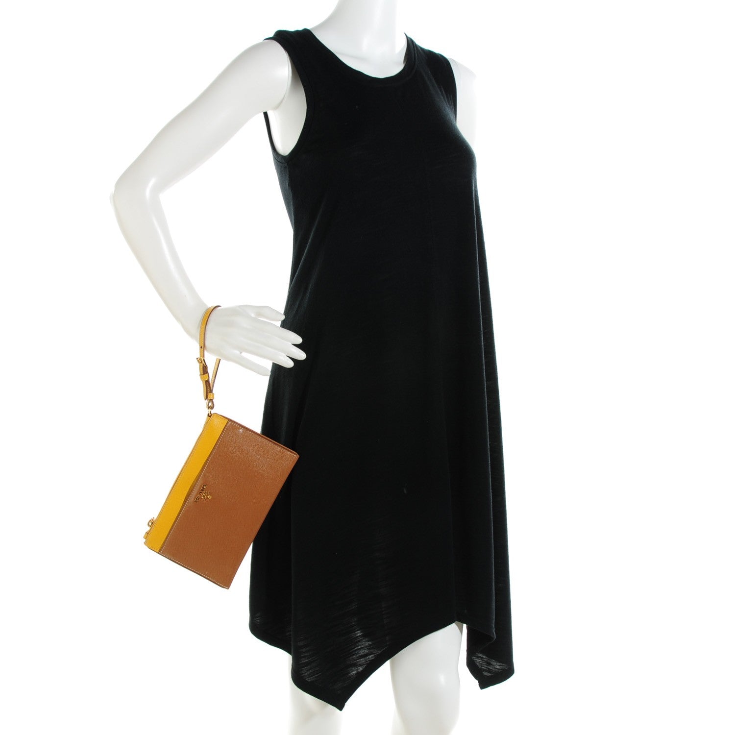 Prada Saffiano Bi-Color Wristlet Clutch Caramel Mimosa 2 of 9