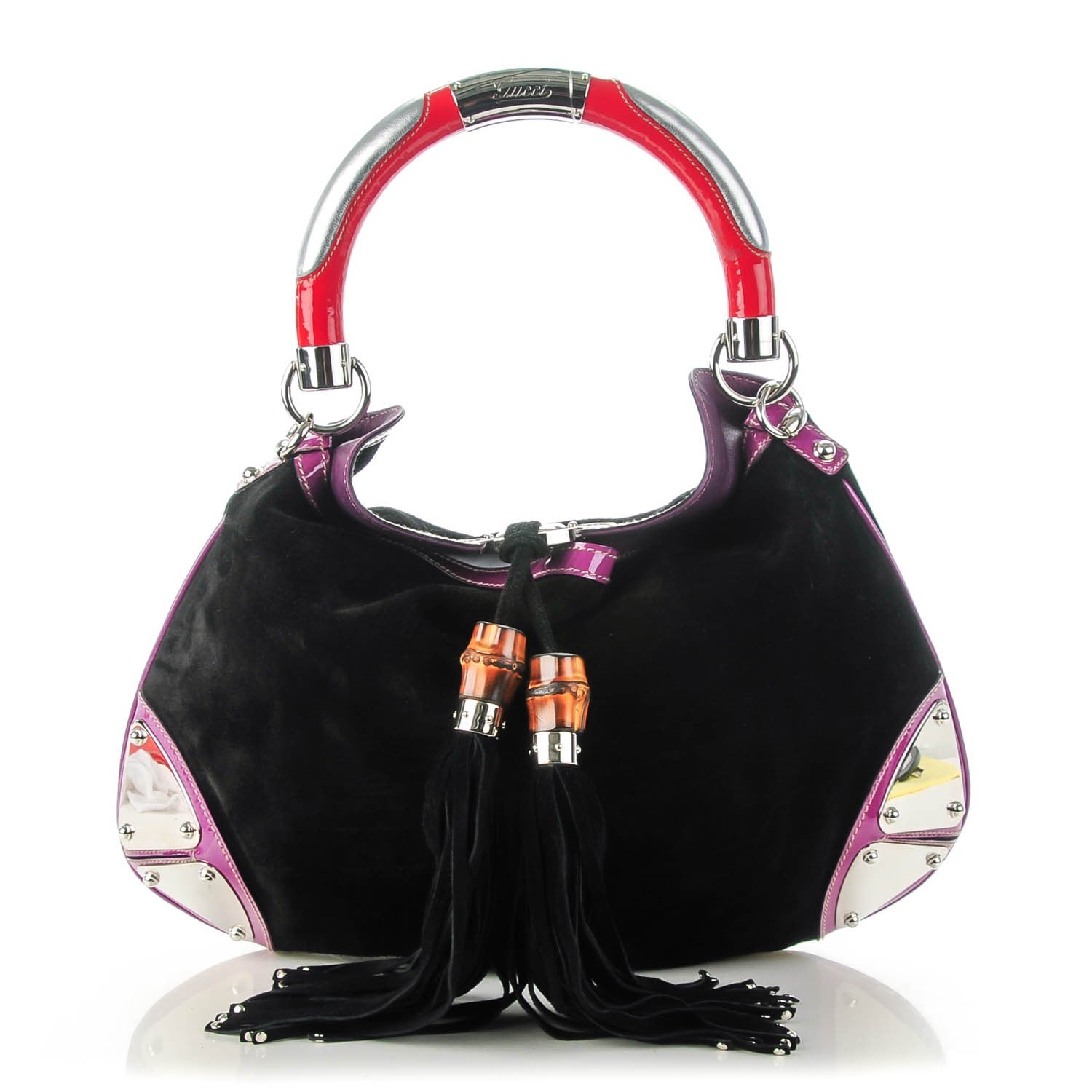 Gucci Suede Medium Indy Top Handle Hobo Black Purple Red 1 of 7
