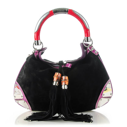 Gucci Suede Medium Indy Top Handle Hobo Black Purple Red 1 of 7