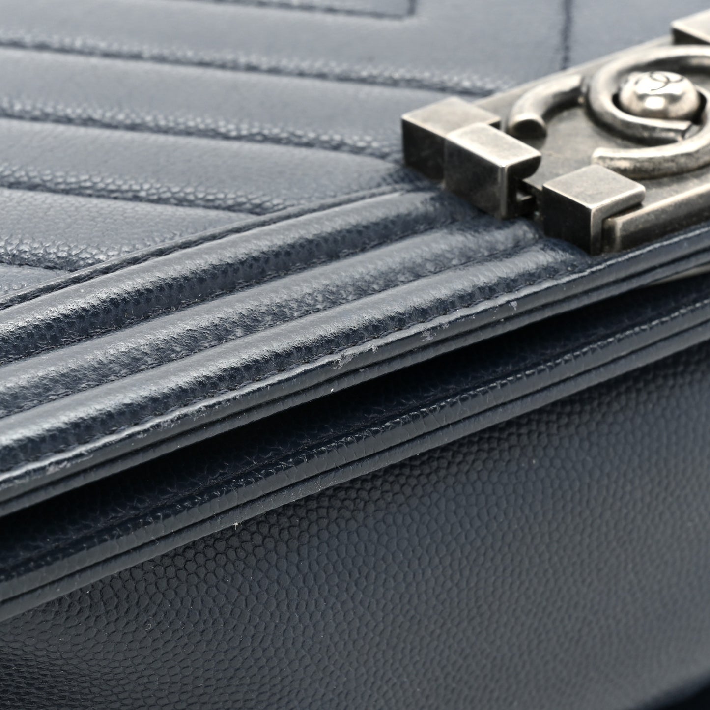 Caviar Chevron Quilted Medium Boy Flap Navy