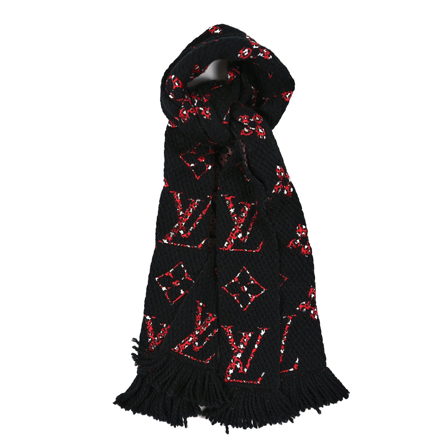 Louis Vuitton Wool Silk Monogram Giant Jungle Logomania Shine Scarf Black Red 1 of 4