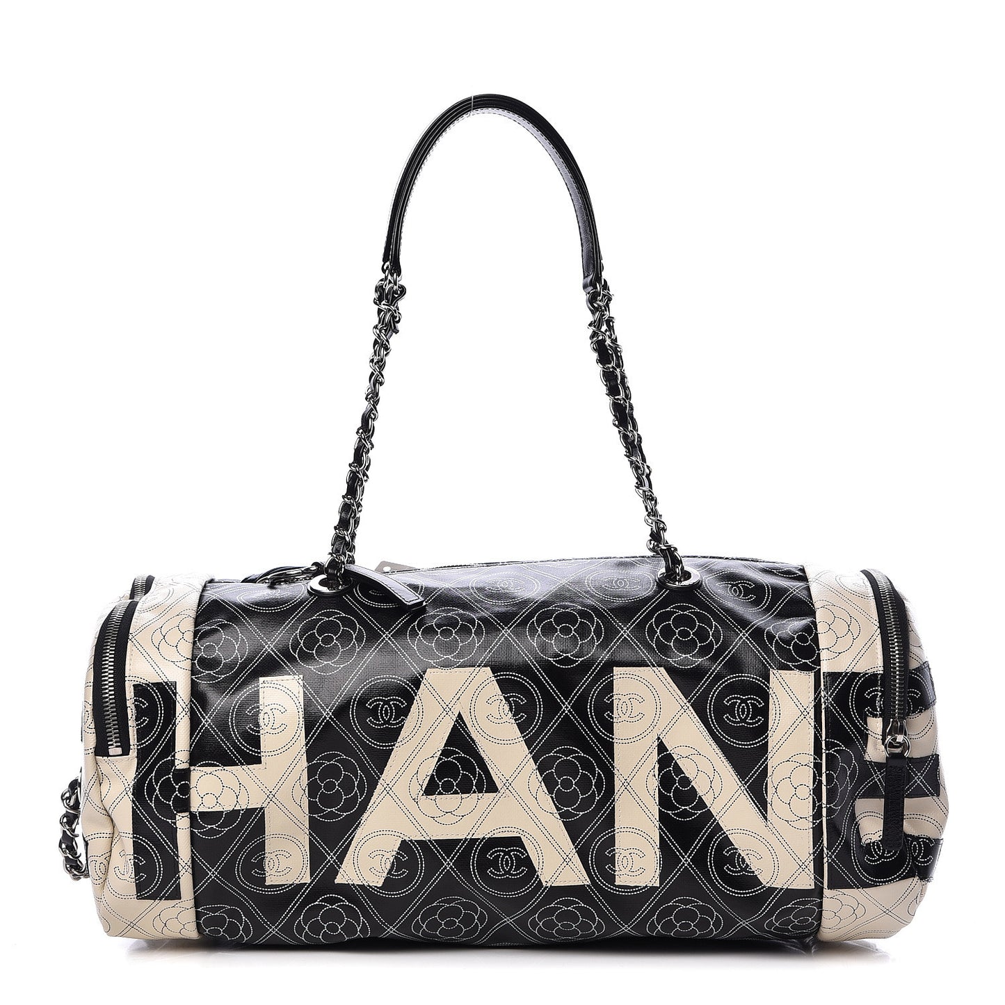 Coated Canvas Camellia Printed Calfskin Bowling Bag Black Beige