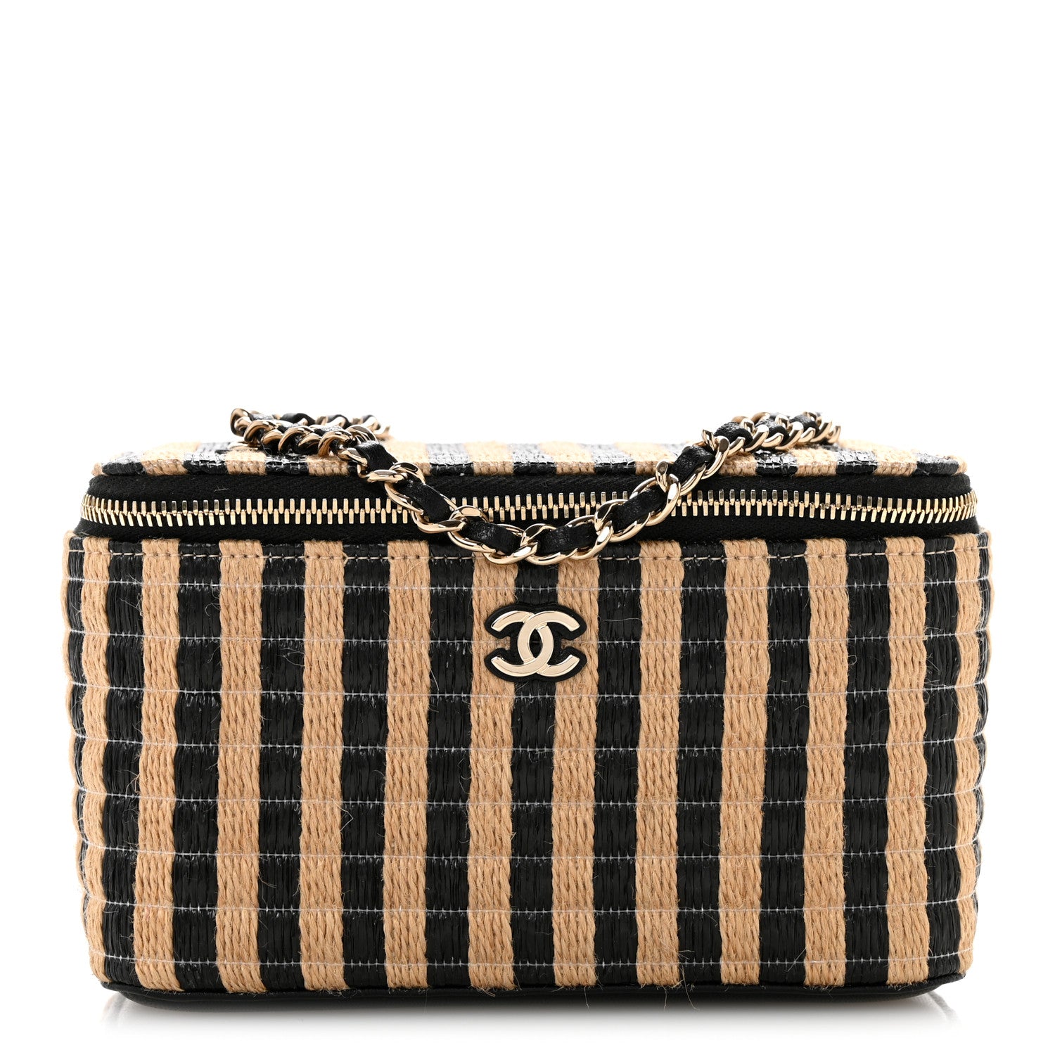 Chanel Raffia Jute Striped Small Vanity Case With Chain Black Beige 1 of 12