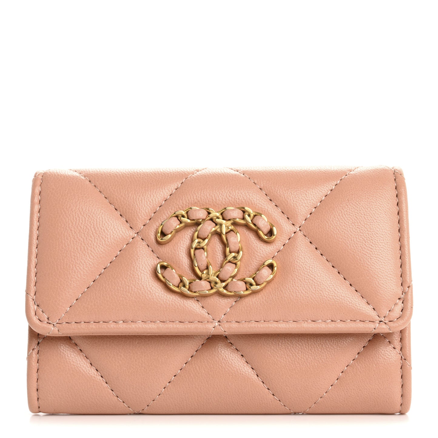 Lambskin Quilted Chanel 19 Flap Card Holder Beige