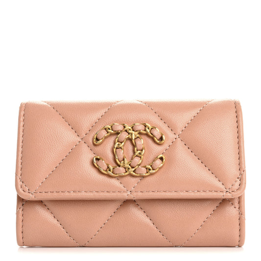 Lambskin Quilted Chanel 19 Flap Card Holder Beige