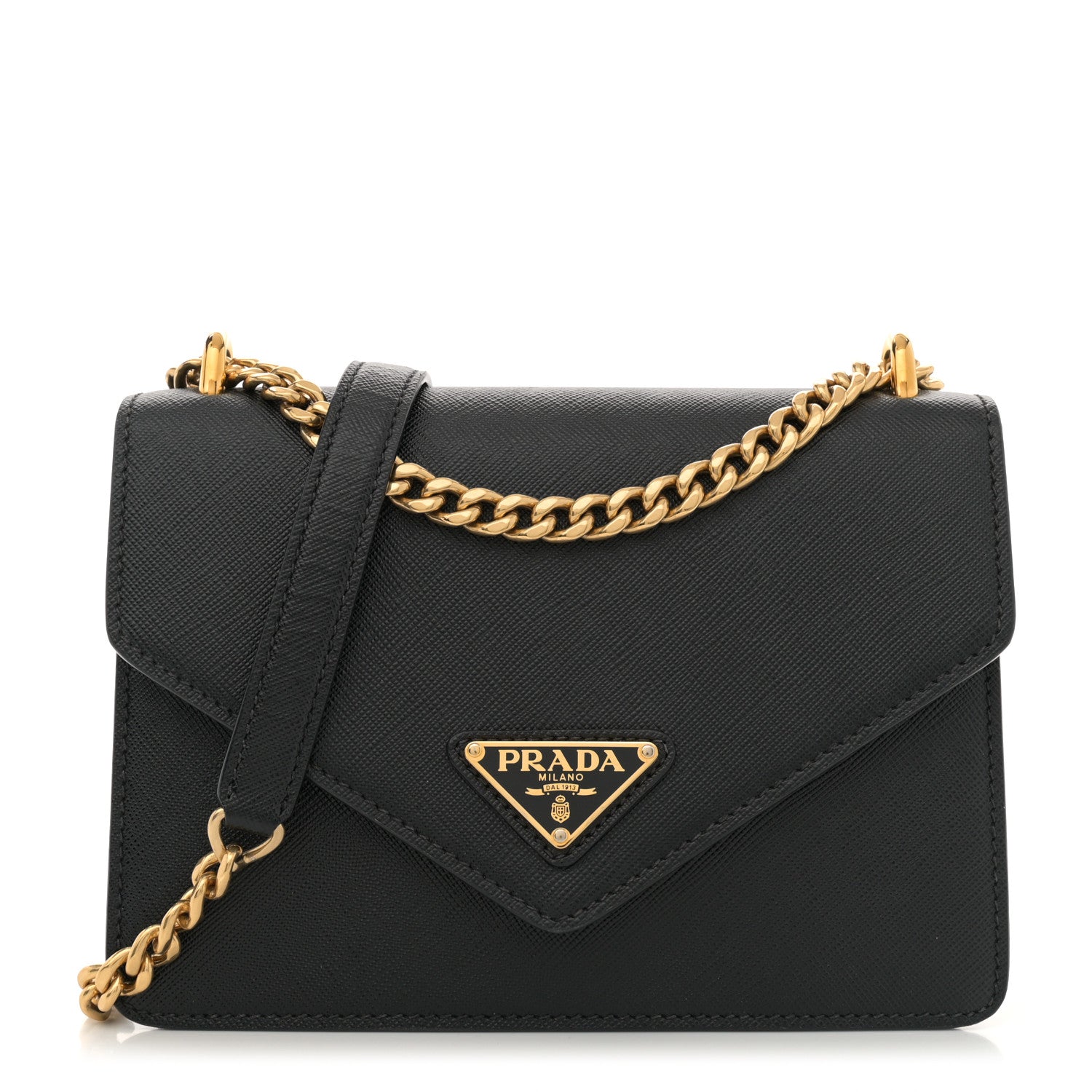 Prada Saffiano Soft Calfskin Metal Triangle Logo Envelope Chain Shoulder Bag Black 1 of 11