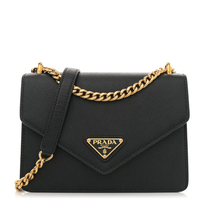 Prada Saffiano Soft Calfskin Metal Triangle Logo Envelope Chain Shoulder Bag Black 1 of 11