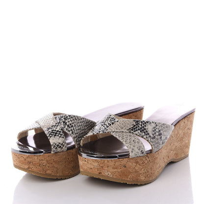 Jimmy Choo Snakeskin Prima Cork Wedge Sandals 38 Natural 2 of 9