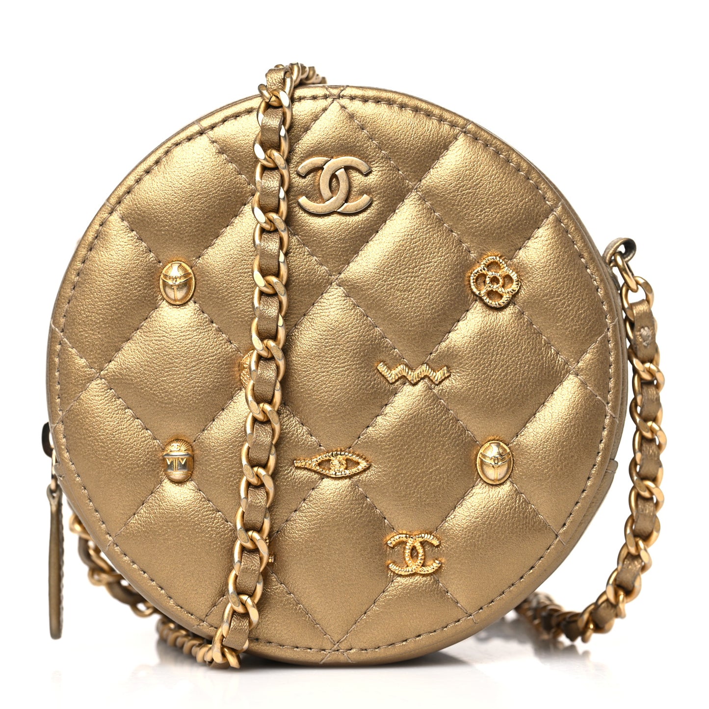 Metallic Lambskin Quilted Egyptian Amulet Round Clutch With Chain Gold