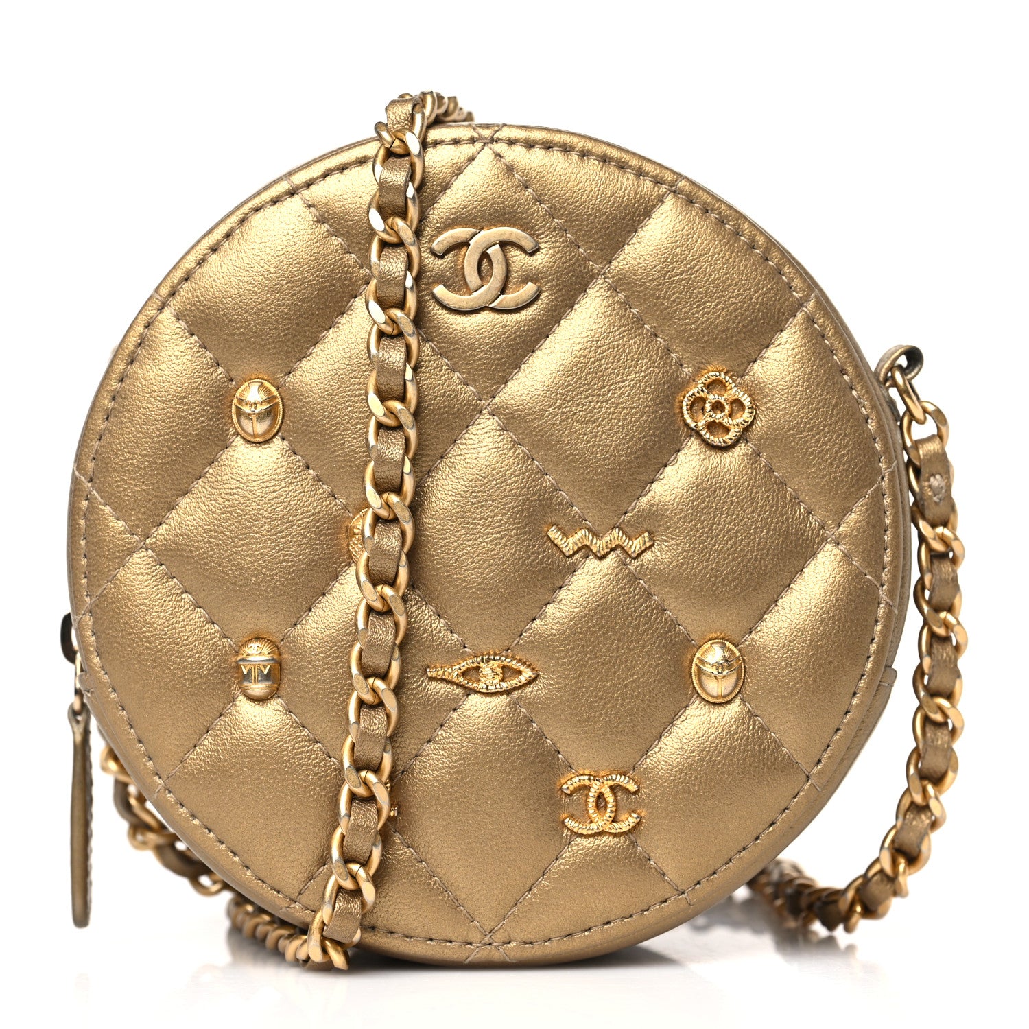 Chanel Metallic Lambskin Quilted Egyptian Amulet Round Clutch With Chain Gold 1 of 10