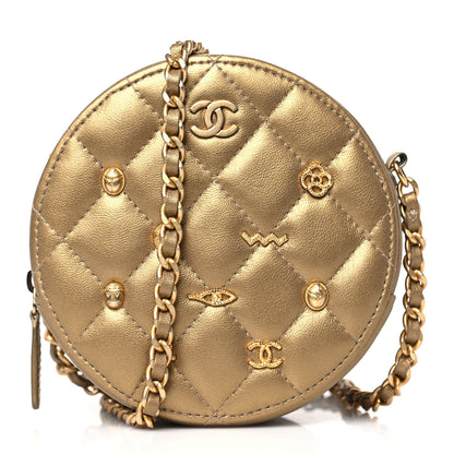Chanel Metallic Lambskin Quilted Egyptian Amulet Round Clutch With Chain Gold 1 of 10